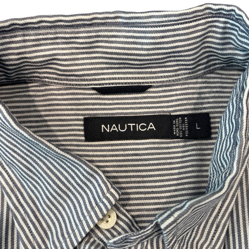 Nautica Blue White Striped Button Down Long Sleeve Shirt Men's Large - Picture 6 of 8